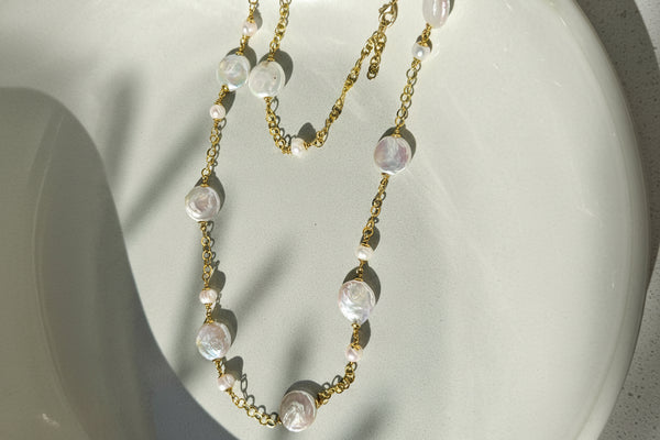 Handmade long silver necklace with natural freshwater pearls
