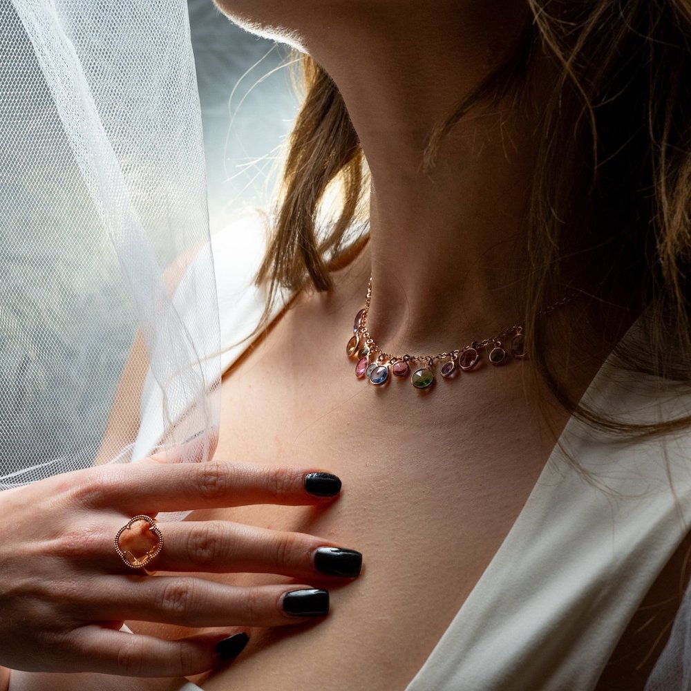 Collana artigianale in argento placcato oro rosa con pietre colorate