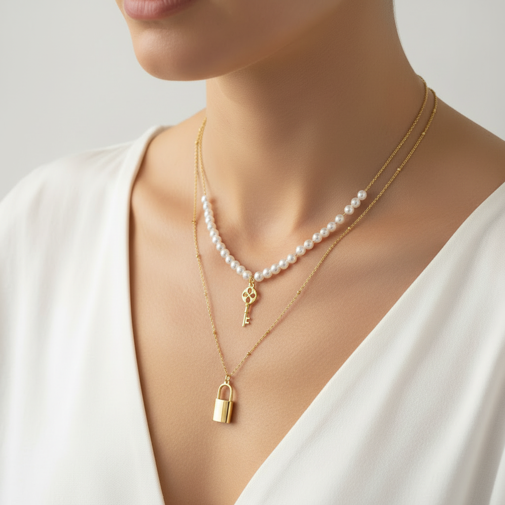 Collana multilivello in argento con perle di fiume lucchetto e chiave pendente