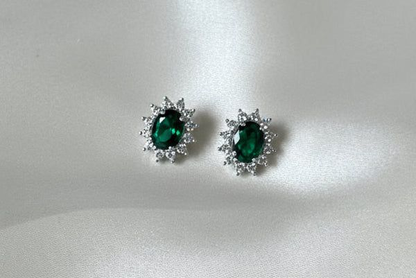 Handmade silver earrings with emerald green ruby and zircons