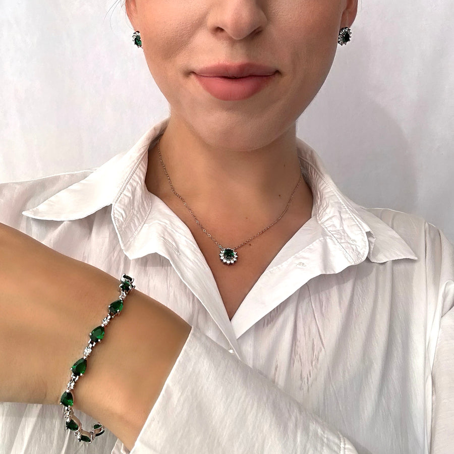 Handmade silver earrings with emerald green ruby and zircons