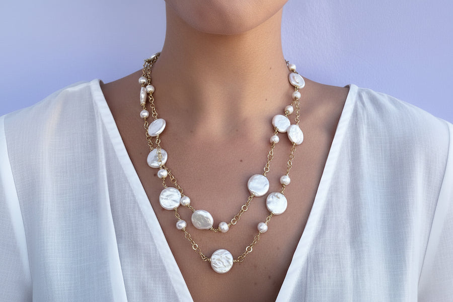 Handmade long silver necklace with natural freshwater pearls