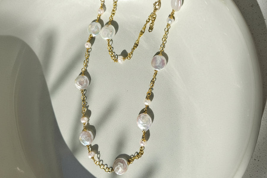 Handmade long silver necklace with natural freshwater pearls