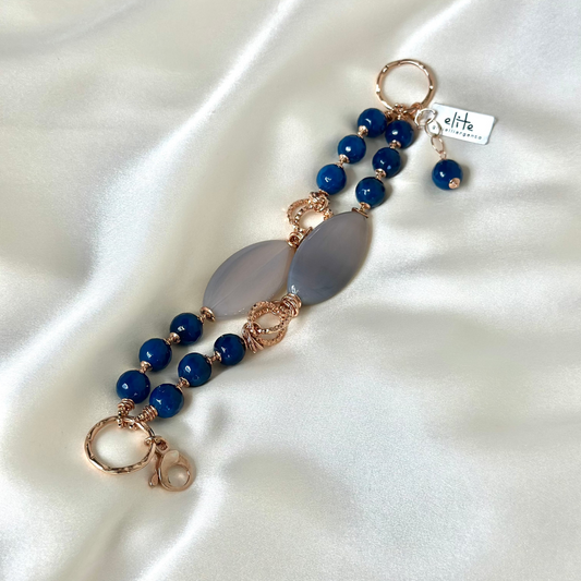 Braccialetto artigianale in argento 925 oro rosa a doppio giro con sfere di agata blu e pietre di luna - Elite Bijoux