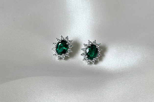 Handmade silver earrings with emerald green ruby and zircons